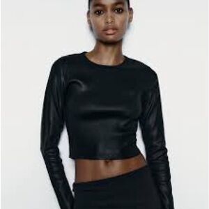 Zara Black Foil knit Long Sleeve Crop Top